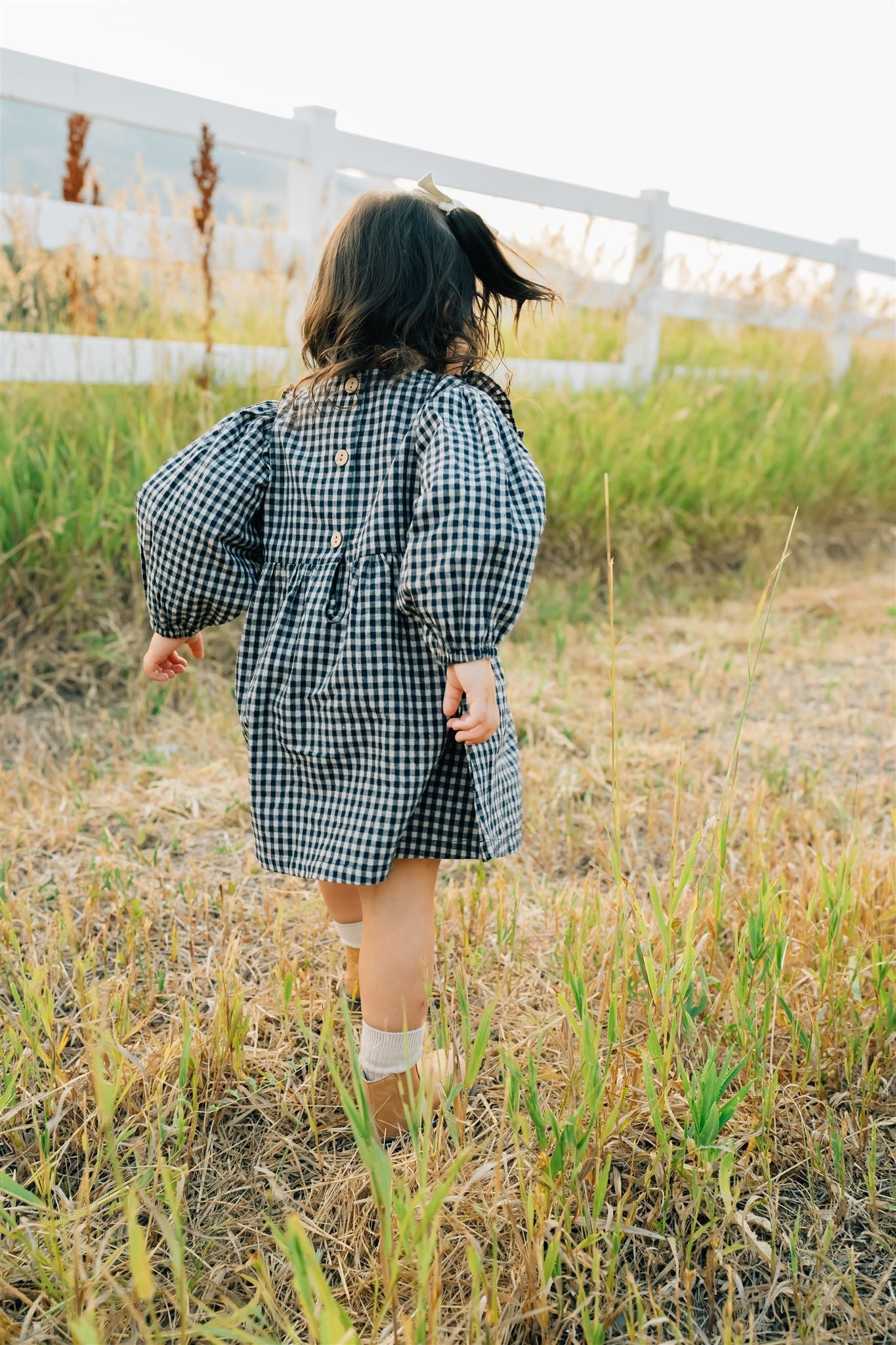The Lettie Gingham Long Sleeve Ruffle Linen Dress