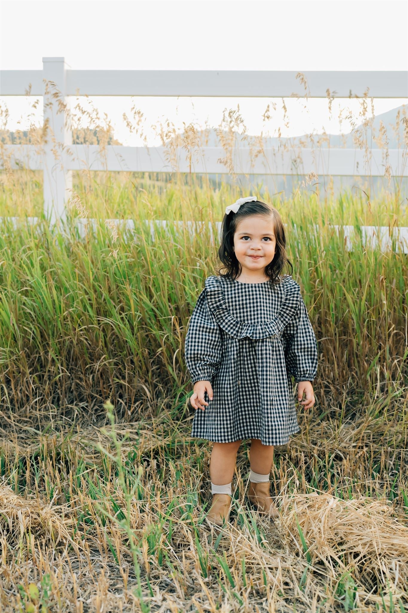 The Lettie Gingham Long Sleeve Ruffle Linen Dress