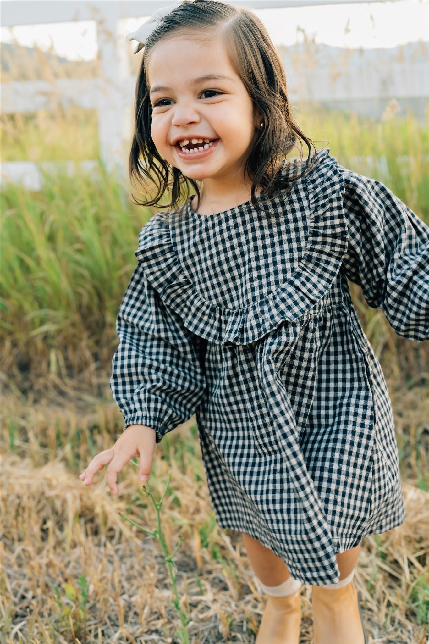 The Lettie Gingham Long Sleeve Ruffle Linen Dress
