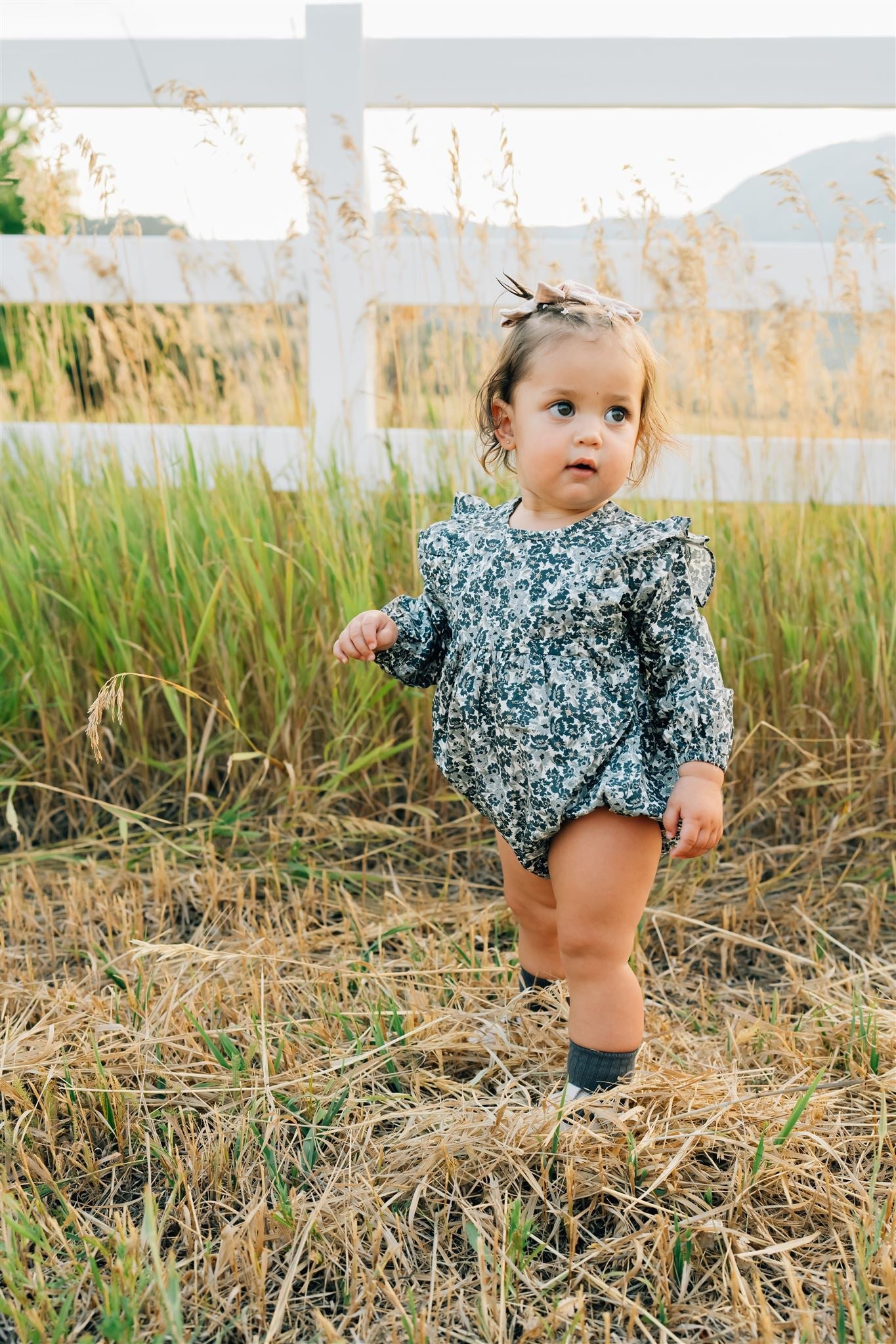 The Oaklee Floral Long Sleeve Ruffle Bubble Romper